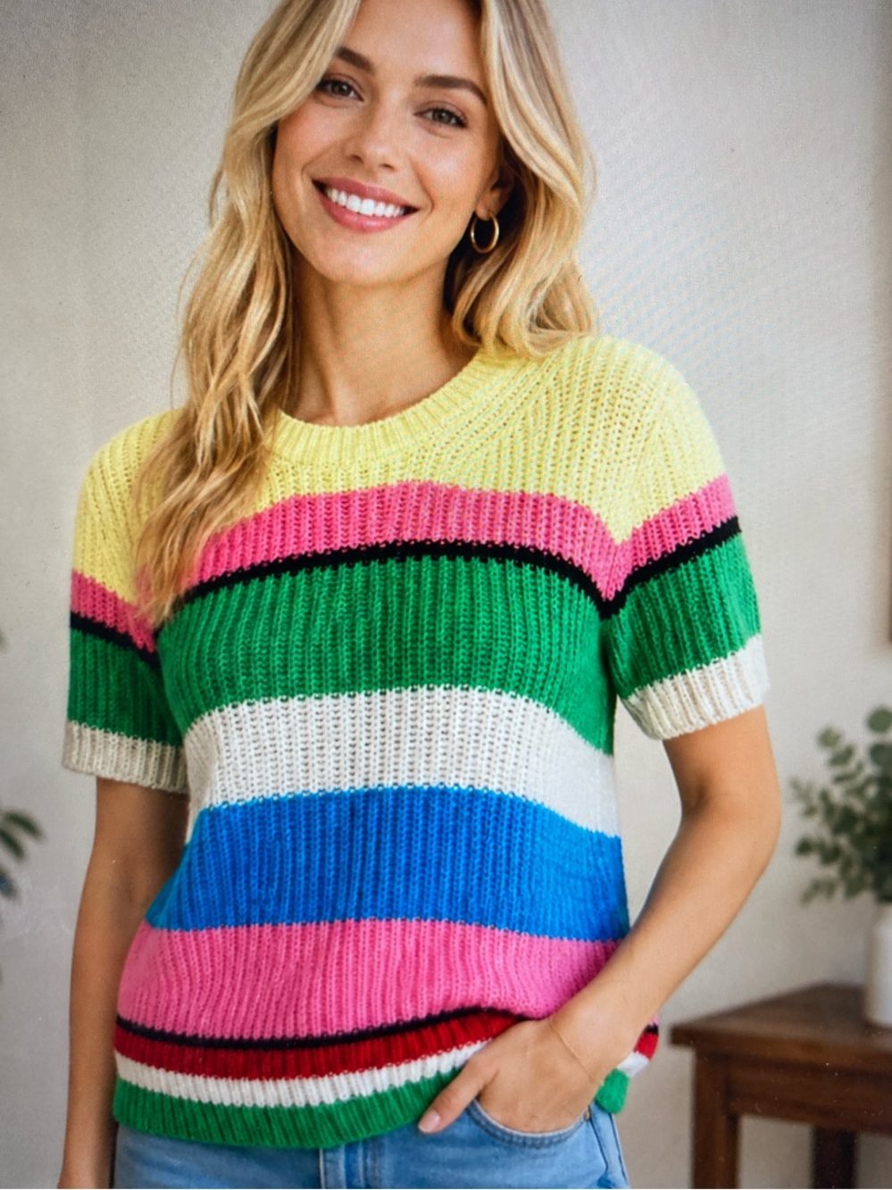 MARELLA Multicolor Striped Voghera Rib-Knit Short-Sleeve Sweater S531